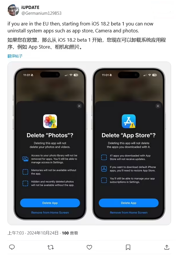 港南苹果手机维修分享iOS 18.2 支持删除 App Store 应用商店 