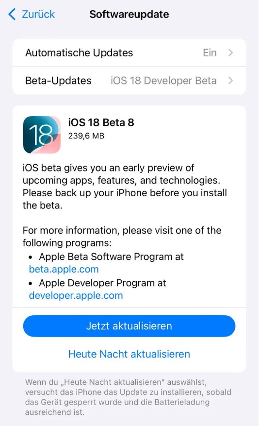 港南苹果手机维修分享苹果 iOS / iPadOS 18 开发者预览版 Beta 8 发布 